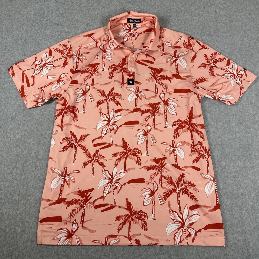Bad Birdie‎ Men's Golf Polo Shirt Medium Peach Red Tropical Palm Performance
